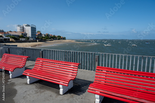 Red bench in Arcachon, France.