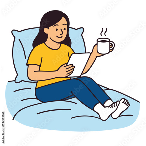 Isolated colorful of woman separated on bed layered with tablet and coffee cup relaxing