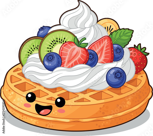 Cute kawaii waffle topped with whipped cream and fresh fruit