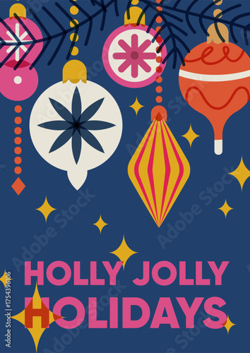 Christmas and New Year greeting card design. Festive winter holiday poster wi...