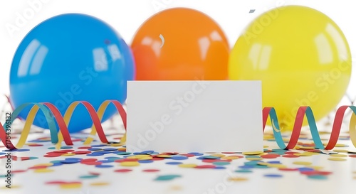 Colorful balloons and confetti with blank card for celebration message