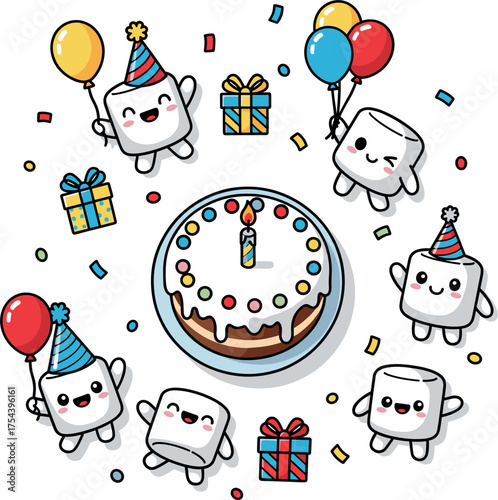 Cute marshmallows celebrate birthday with cake and balloons
