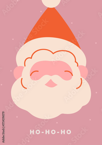 Santa Claus, greeting card design. Cute Christmas character with red cap, beard, happy face, festive winter holiday poster. Newyear postcard with seasonal Xmas typography. Flat vector illustration
