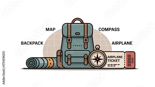 Travel and adventure vector illustration with backpack map compass and airplane ticket flat design for tourism and vacation planning