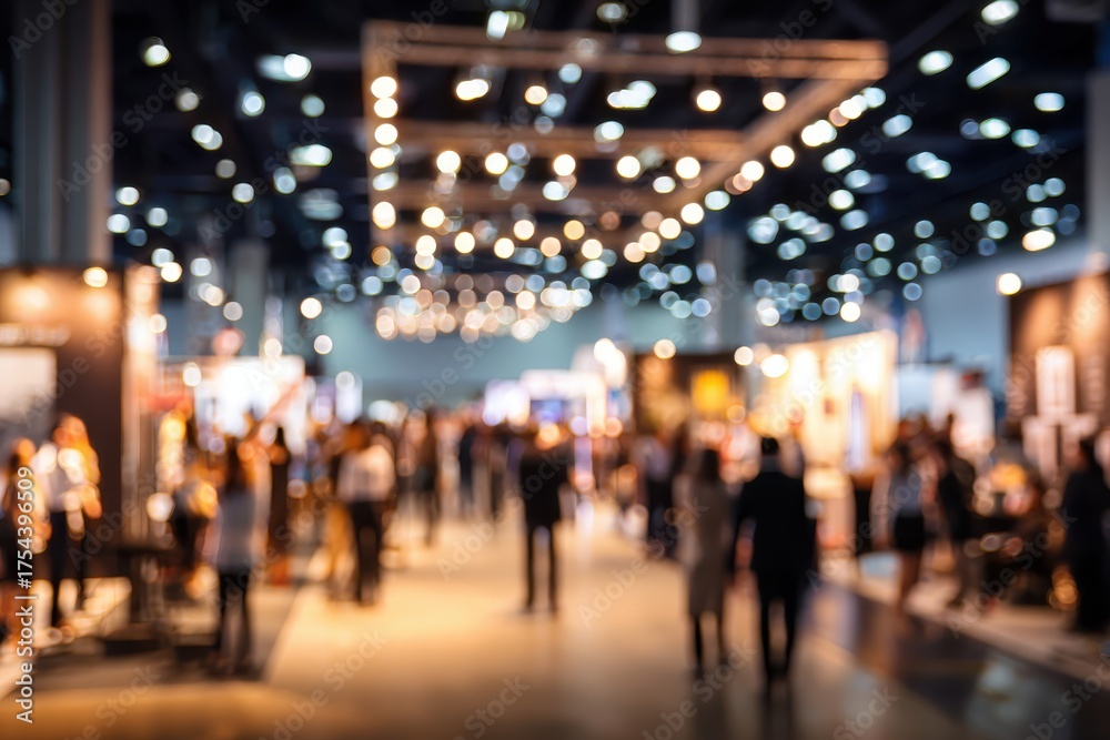 Fototapeta premium Crowded Exhibition Hall With Blurred Figures, Bright Spotlights, Engaging Atmosphere, People Networking, Conference Vibe, Trade Show Excitement, Dynamic Event Experience, Background Stands
