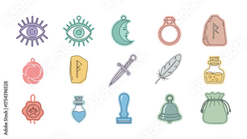 Mystical Symbols and Spiritual Objects: A collection of enchanting illustrations, each symbolizing various aspects of spirituality, mystery, and fortune-telling.