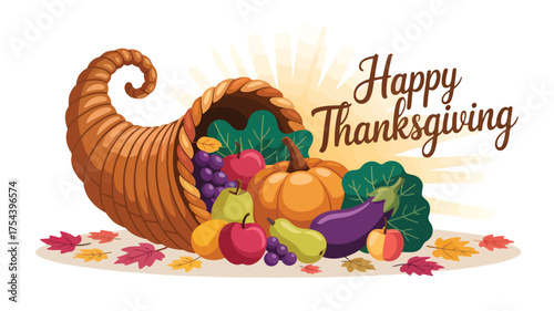Cornucopia with autumn harvest fruits and vegetables Thanksgiving holiday illustration vector design for greeting cards and seasonal promotions