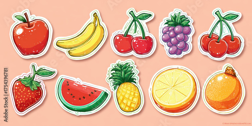 Fruit Assortment Delight: A vibrant collection of assorted fruits. This image brings a pop of color with apple, banana, cherries, grapes, strawberry, watermelon, pineapple, lemon, and orange.