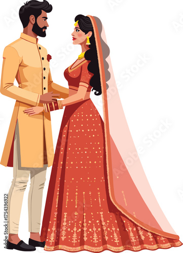 Bride and Groom in Traditional Indian Wedding Attire.