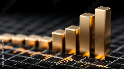 A gold chart with rising bars illustrates financial growth over time,