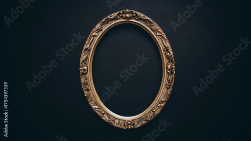 An ornate golden oval picture frame with intricate carvings and an antique appearance stands centered against a dark bac