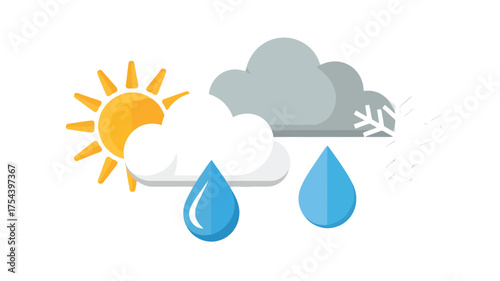 Weather forecast icon set flat vector illustration depicting sun clouds rain and snow isolated on white background