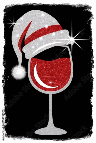 Festive holiday cheer sparkles with a wine glass wearing a Santa hat for celebrations