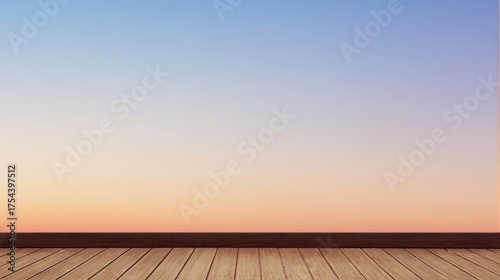 Tranquil horizon meets vibrant sky at sunrise or sunset, calm sea reflects colorful gradient,