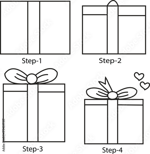 Simple Step-by-Step Tutorial Showing How to Draw a Cute Gift Box with Ribbon and Bow