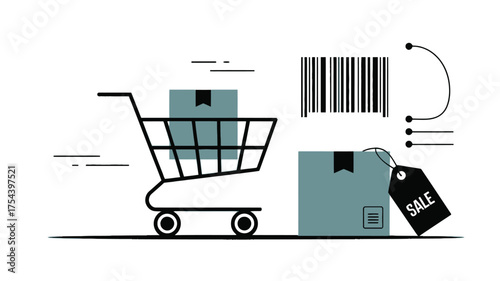 E-commerce vector illustration showing a shopping cart boxes and a barcode representing online sales and delivery in a minimalist flat design