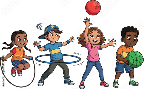 Diverse Group of Happy Children Playing Sports with Jump Rope, Hula Hoop, and Balls