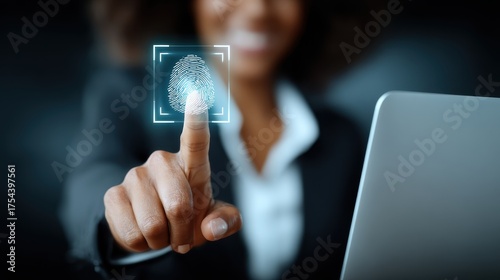 Woman Using Fingerprint Scanner For Biometric Authentication Security Technology