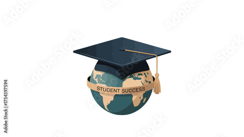 Graduation cap on a globe with a banner vector illustration symbolizing student success isolated on white background