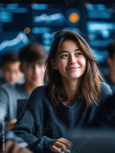 Young Woman Smiling Looking Up In A Classroom With Digital Displays In The Background