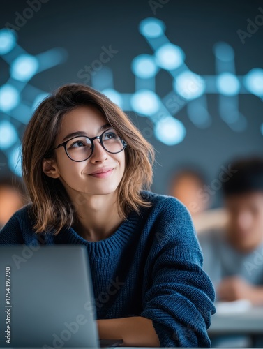 Young Woman Wearing Glasses And Blue Sweater Smiling Looking Up In Classroom With Molecular Model Background
