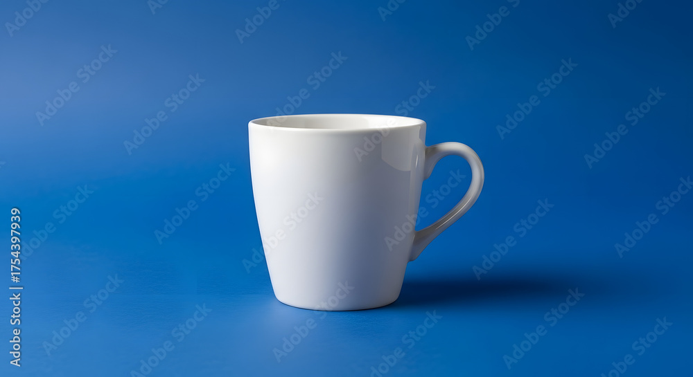 Obraz premium A simple white ceramic mug with a handle isolated against a solid blue background in studio light