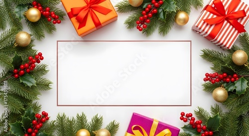 Christmas gift boxes and greenery frame blank white space for text