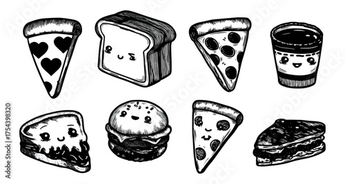 Food items cartoon illustration black and white