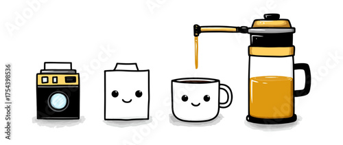Cartoon coffee maker and cup with happy faces on black background