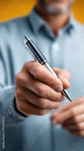 Man Holds Pen Ready To Write On Yellow Background With Soft Lighting