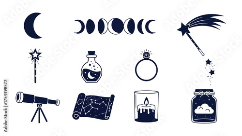 Mystical Celestial Collection: A captivating assembly of celestial-themed objects, including crescent moons, phases of the moon, wands, potion bottles, ring, telescopes, scrolls, candle and jar.