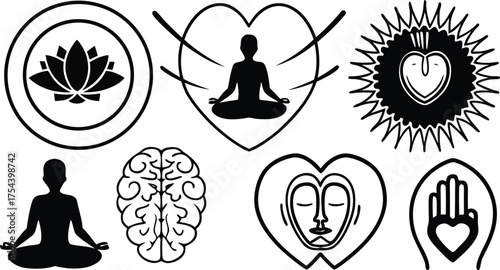 Modern monoline icons showing balance between brain and heart — symbolizing emotional control, mindfulness, and inner peace in a simple vector style.