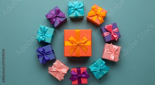 Colorful gift boxes arranged in a circle with an orange box in the center