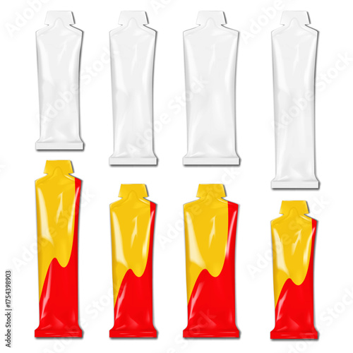 Stick pack bottle shaped sachet. Realistic vector mockup set. White and color design. Easy editable mock-up. Tear notch long vertical pouch package. Plastic bag. Single serve, product sample. Template