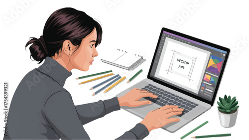 Woman working on vector design on a laptop creating digital art illustration for graphic design and creative projects