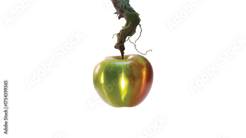 Fresh green apple hanging from a branch studio shot on white representing natural food and healthy eating