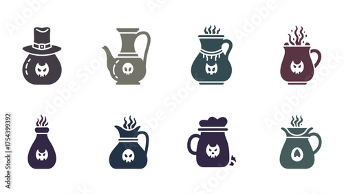 Halloween Potion Collection: A set of eight whimsical potion containers, each boasting a unique design and playful spooky details. Capture the essence of Halloween magic and create an atmosphere.