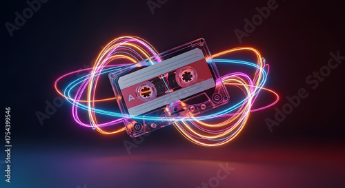 Retro Audio Cassette with Neon Light Trails