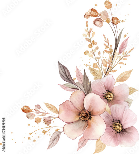 Watercolor floral elements in pastel pink and gold tones, in a clipart style on a white background, with space for text.


