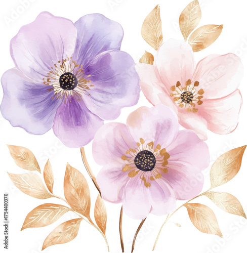 
Watercolor pastel pink and lavender flowers, gold leaves, simple clip art on a white background, with defined edges.

