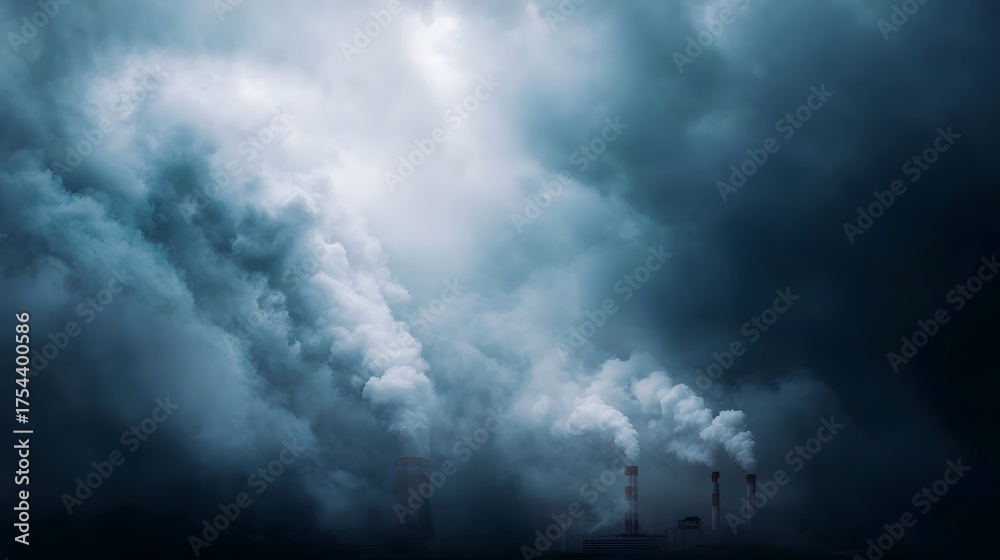 Naklejka premium Industrial chimneys release thick smoke into a dark and moody atmospheric sky