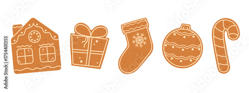 Christmas gingerbread cookies set. Winter homemade xmas sweets in shape of house, gift box, stocking and candy cane. Flat vector isolated illustration