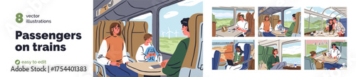 Tourists travel by train. People passengers sitting by window during railway journey. Family, couple and friends in holiday adventure with food, book, laptop, headphones. Flat vector illustrations set