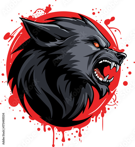 A ferocious werewolf head, with evident blood splatter that accentuates its ferocious nature.