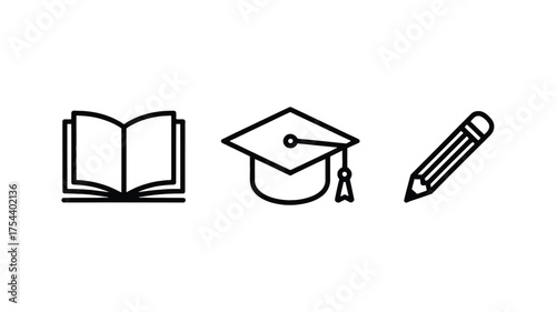 Simple education icon set featuring a book graduation cap and pencil minimalist vector illustration isolated on white background