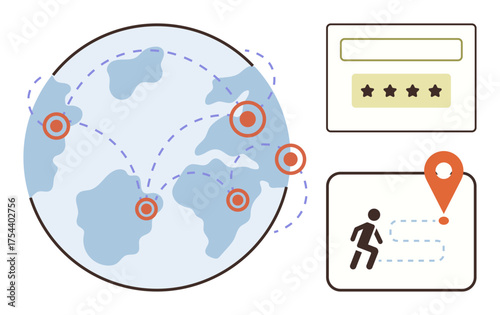 World map with location markers, navigation paths, running figure, map pin, and review box with rating stars. Ideal for logistics, travel, navigation, reviews exploration global reach digital