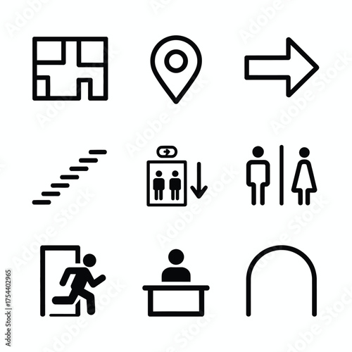 Collection of nine simple black outline vector icons for navigation and building information eps silhouette vector illustration white background