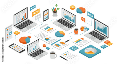 Modern business workspace with isometric devices and analytics in flat design