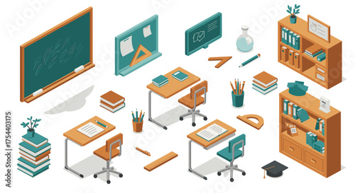 Isometric classroom objects and furniture for educational spaces
