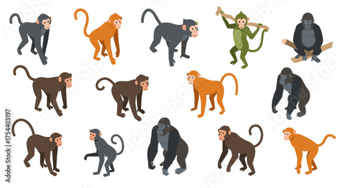 Diverse primate collection in flat style with gorillas and monkeys